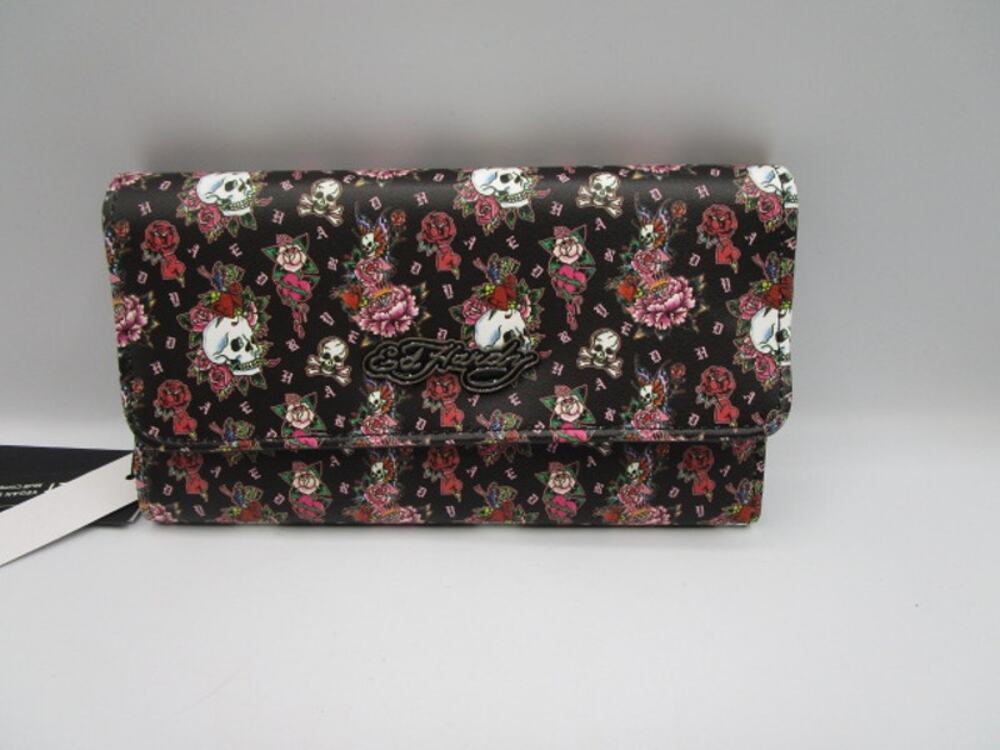 Ed Hardy Skulls &‎ Roses Trifold Wallet Black All Over Print